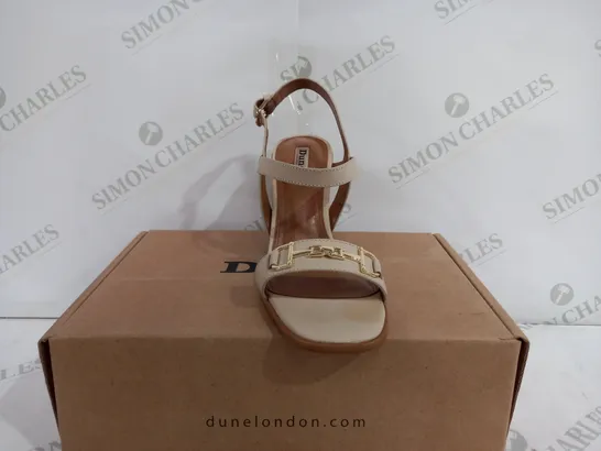 BOXED PAIR OF DUNE ECRU LEATHER SNAFFLE BLOCK HEEL SANDALS - SIZE 7