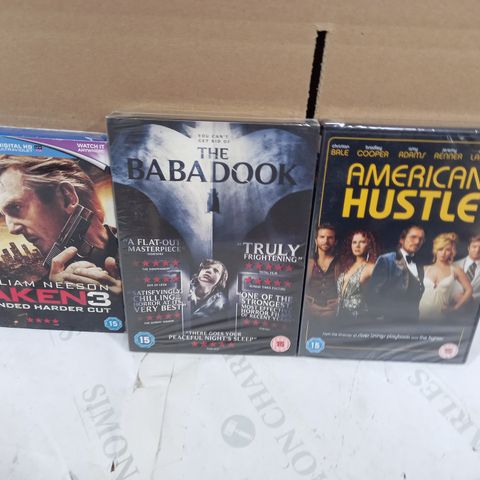 LOT OF APPROXIMATELY 25 ASSORTED DVDS TO INCLUDE TAKEN 3, THE BABADOOK AMD AMERICAN HUSTLE