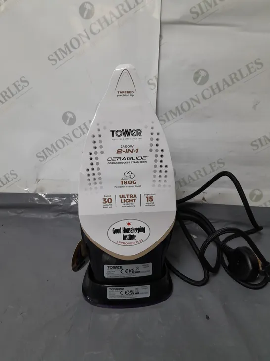 BOXED TOWER 2 IN 1 CERAGLIDE CORD/CORDLESS STEAM IRON 2400 WATT PURPLE