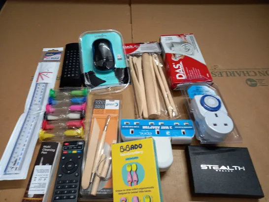 LOT OF ASSORTED HOUSEHOLD ITEMS TO INCLUDE LOGITECH MOUSE, CLAY AND TOOLS AND SPEEDY MASK PROTECTIVE SHEETS