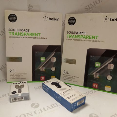 LOT OF APPROX 15 ASSORTED ITEMS TO INCLUDE SCREENFORCE TRANSPARENT IPAD SCREEN PROTECTORS, MIXX IN CAR CHARGEPORT 2, ROAM DUAL HEADPHONE SPLITTER