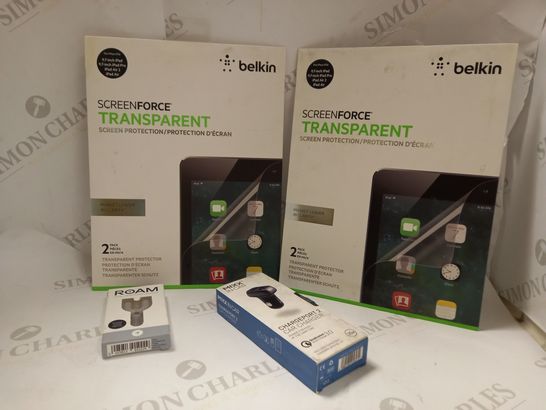 LOT OF APPROX 15 ASSORTED ITEMS TO INCLUDE SCREENFORCE TRANSPARENT IPAD SCREEN PROTECTORS, MIXX IN CAR CHARGEPORT 2, ROAM DUAL HEADPHONE SPLITTER