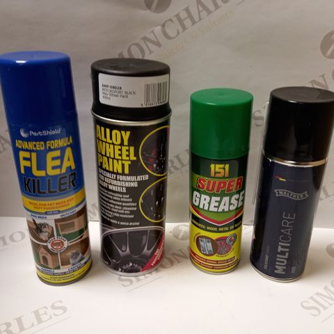 BOX OF APPROX 15 ASSORTED AEROSOLS TO INCLUDE PESTSHEILD FLEA KILLER, E-TECH ALLOY WHEEL PAINT, WALTHER MULTICARE SILICONE SPRAY