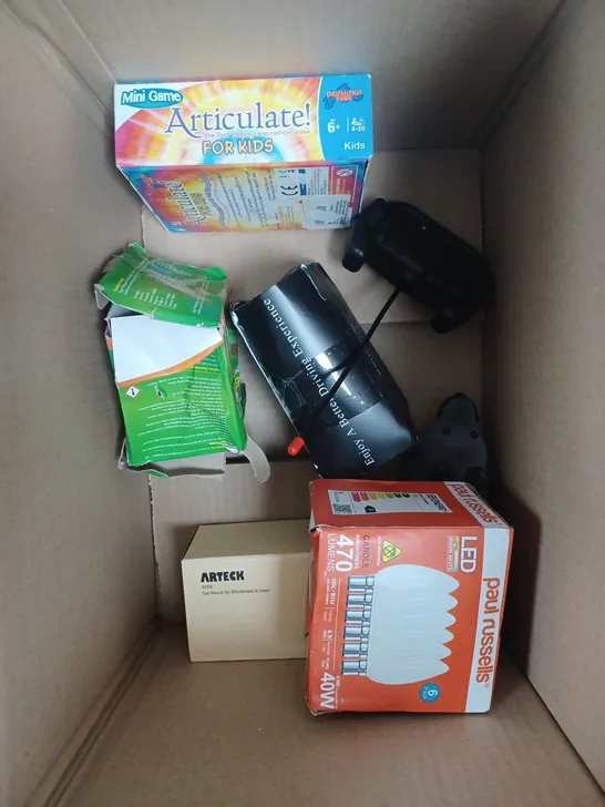 BOX OF APPROXIMATELY 10 ASSORTED HOUSEHOLD PRODUCTS TO INCLUDE LED BULBS, DOG COLLAR, MOSQUITO & INSECT RELIEF ETC