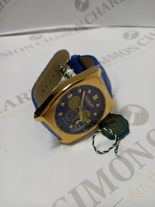 GAMAGES OF LONDON LIMITED EDITION HAND ASSEMBLED RETRO CALIBRE AUTOMATIC WATCH - BLUE/GOLD