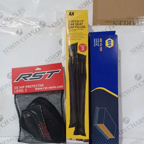 BOX OF APPROXIMATELY 15 ASSORTED CAR AND VEHICLE PARTS AND ITEMS TO INCLUDE NAPA AIR FILTER, AA CAR SEAT GAP FILLER, RST CE HIP PROTECTOR, ETC