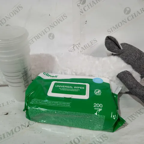 BOX OF APPROXIMATELY 15 ASSORTED HOUSEHOLD ITEMS TO INCLUDE CLINELL PACK OF 200 WIPES, COLOUR CHANGING REUSABLE COLD CUPS, SHEEP DRAUGHT EXCLUDER, ETC