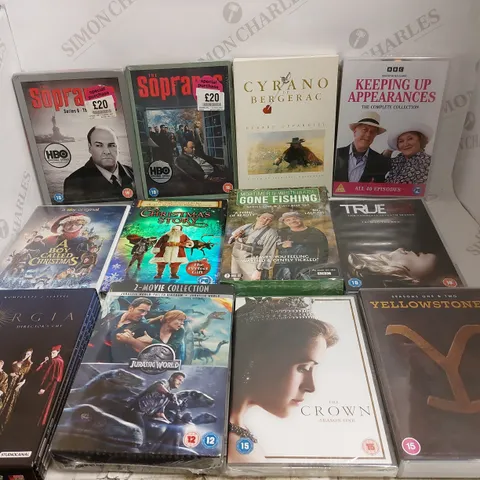 BOX OF ASSORTED DVDS TO INCLUDE JURASSIC WORLD. THE SOPRANOS AND THE CROWN