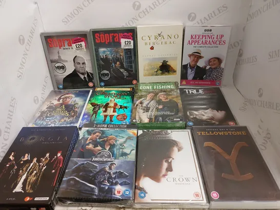 BOX OF ASSORTED DVDS TO INCLUDE JURASSIC WORLD. THE SOPRANOS AND THE CROWN