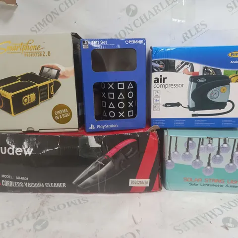 BOX OF APPROXIMATELY 15 ASSORTED ITEMS TO INCLUDE VACUUM CLEANER, AIR COMPRESSOR, SOLAR STRING LIGHTS ETC