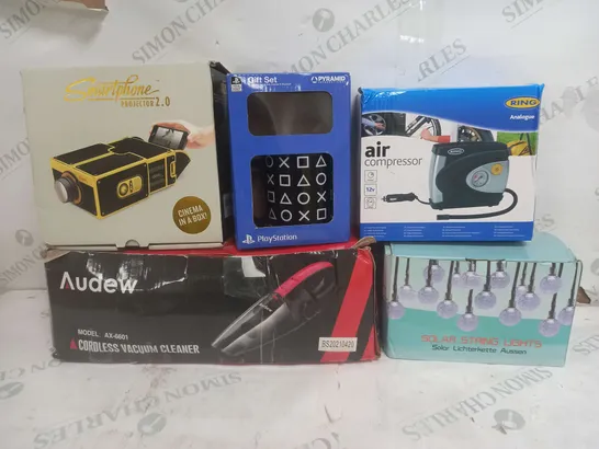 BOX OF APPROXIMATELY 15 ASSORTED ITEMS TO INCLUDE VACUUM CLEANER, AIR COMPRESSOR, SOLAR STRING LIGHTS ETC