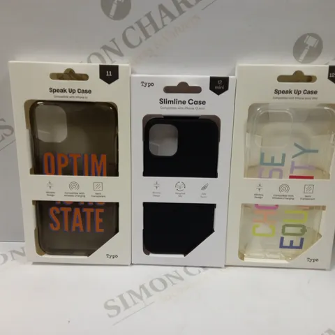 BOX OF APPROXIMATELY 55 TYPO PHONES CASES ('SLIMLINE CASE' & 'SPEAK UP CASE') FOR IPHONE 11, 12 MINI, 12/12PRO IN VARYING COLOURS