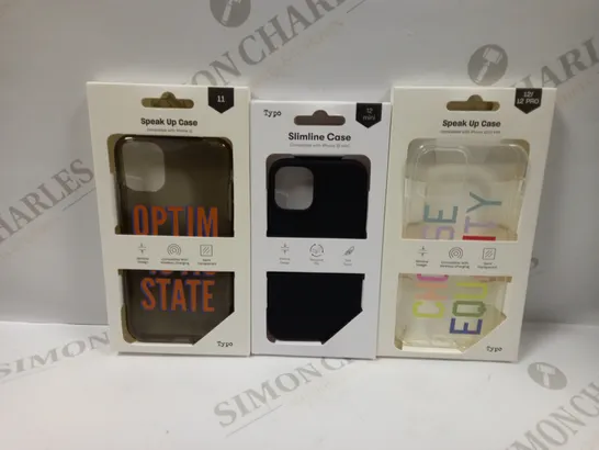 BOX OF APPROXIMATELY 55 TYPO PHONES CASES ('SLIMLINE CASE' & 'SPEAK UP CASE') FOR IPHONE 11, 12 MINI, 12/12PRO IN VARYING COLOURS