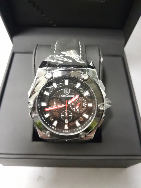 BOXED LOUIS LACOMBE CHRONOGRAPH WATCH WITH BLACK LEATHER STRAP