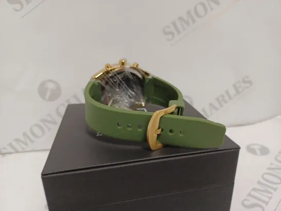 LOUIS LACOMBE MENS CHRONOGRAPH WATCH - YELLOW GOLD COLOURED BEZEL AND CASE - GREEN RUBBER STRAP - 3ATM WATER RESISTANT - DISPLAY BOX