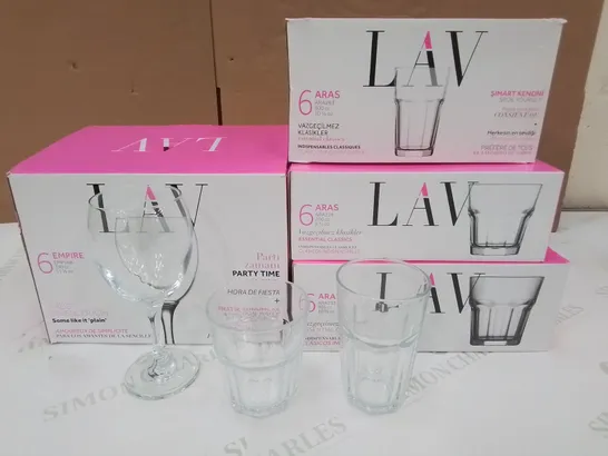 LOT OF LAV GLASSES INCLUDES WINE GLASSES AND TUMBLERS