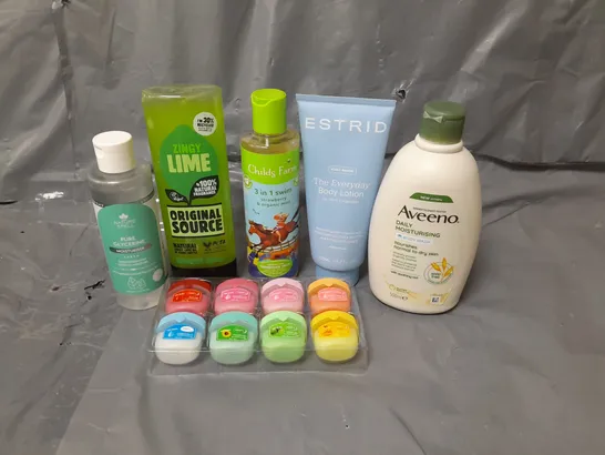 APPROXIMATELY 20 ASSORTED COSMETICS PRODUCTS TO INCLUDE - AVEENO CREAM, ESTRID BODY LOTION AND ORIGINAL SOURCE LIME SHOWER GEL. 