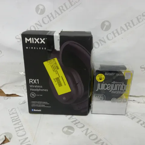 BOX OF 2 PIECES OF AUDIO EQUIPMENT TO INCLUDE MIXX RX1 WIRELESS HEADPHONES AND JUICE JUMBO MARSHMELLOW BLUETOOTH SPEAKER