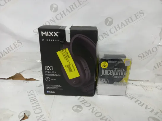 BOX OF 2 PIECES OF AUDIO EQUIPMENT TO INCLUDE MIXX RX1 WIRELESS HEADPHONES AND JUICE JUMBO MARSHMELLOW BLUETOOTH SPEAKER