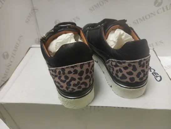 BOXED MODA TRAINER LEOPARD PRINT BLACK LEATHER - SIZE 4