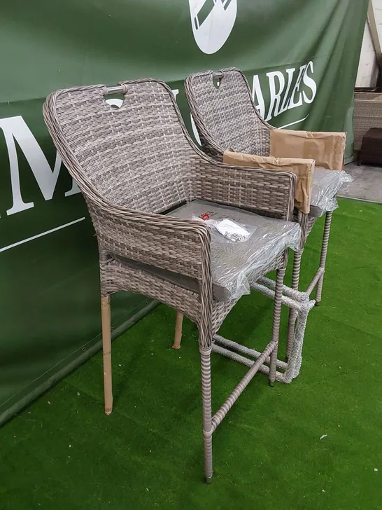 PAIR OF PORTO PATIO BAR STOOLS IN GREY RATTAN