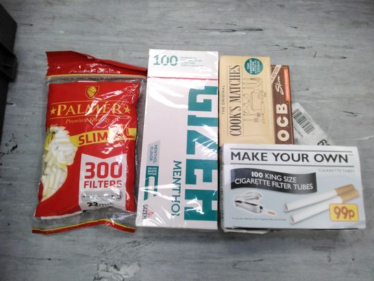 TOTE OF ASSORTED ITEMS INCLUDING PALMER SLIM XL 300 FILTERS, GIZEH MENTHOL FILTER, COOKS MATCHES, OCB SLIM PAPERS AND FILTERS, CIGARETTE FILTER TUBES