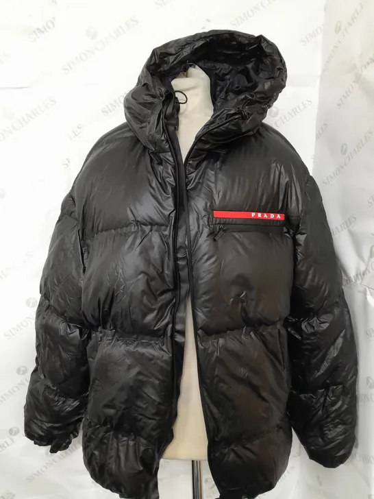 PRADA HEAVY PADDED PUFFER JACKET WITH HOOD IN BLACK - XL