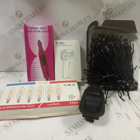 BOX OF APPROXIMATELY 5 ASSORTED ITEMS TO INCLUDE LED LIGHTS, THERMOMETER, DETAIL CARVER