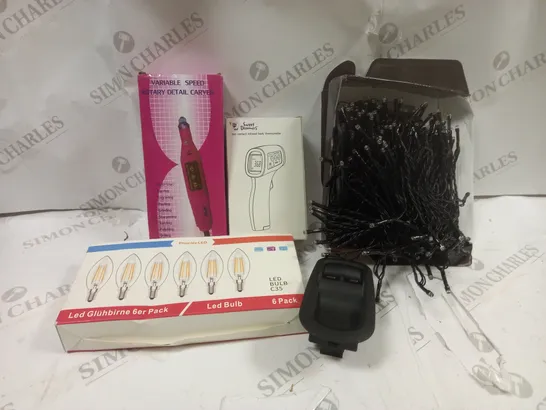 BOX OF APPROXIMATELY 5 ASSORTED ITEMS TO INCLUDE LED LIGHTS, THERMOMETER, DETAIL CARVER