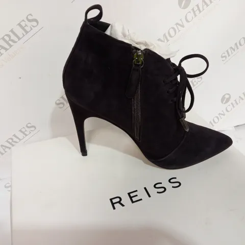 BOXED REISS SUEDE CHOCOLATE BOOT HEELS - SIZE 5