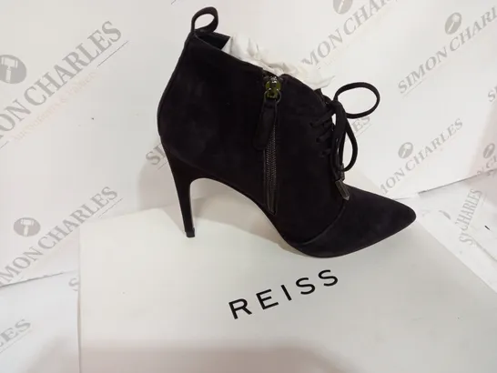 BOXED REISS SUEDE CHOCOLATE BOOT HEELS - SIZE 5