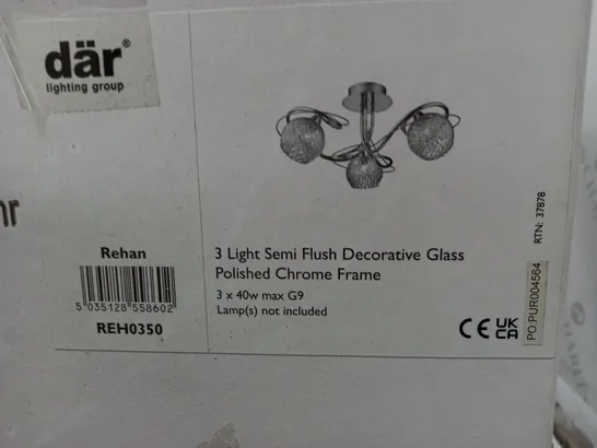 REHAN 3 LIGHT SEMI FLUSH DECORATIVE GLASS POLISHED CHROME FRAME