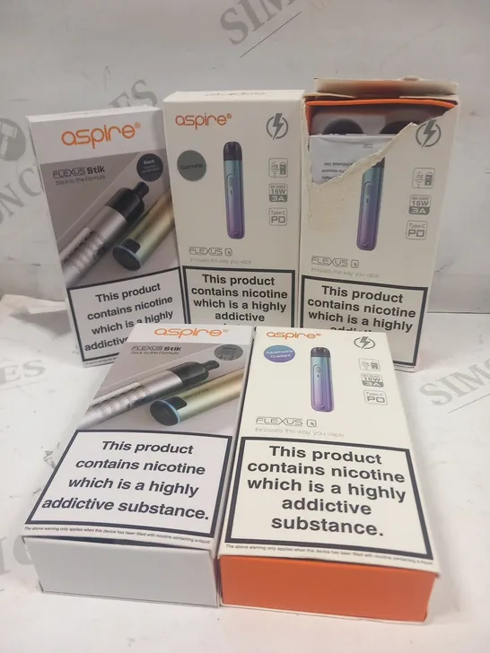 APPROXIMATELY 5 BOXED ASPIRE VAPING PRODUCTS TO INCLUDE; FLEXUS STIX AND, FLEXUS Q