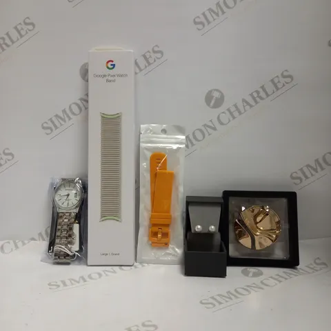 BOX OF APPROX 25 ASSORTED ITEMS TO INCLUDE - GOOGLE PIXEL WATCH BAND - UNBRANDED BOXED PEARL EARINGS - KINGNUOS 3ATM WATERPROOF QUARTZ STAINLESS STEEL WATCH ECT