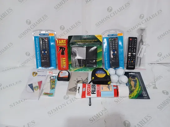 BOX TO CONTAIN APPROX. 25 X ASSORTED HOUSEHOLD PRODUCTS. INCLUDES GOLF BALLS, TV REMOTES, TAPE MEASURE, FLY KILLER ETC