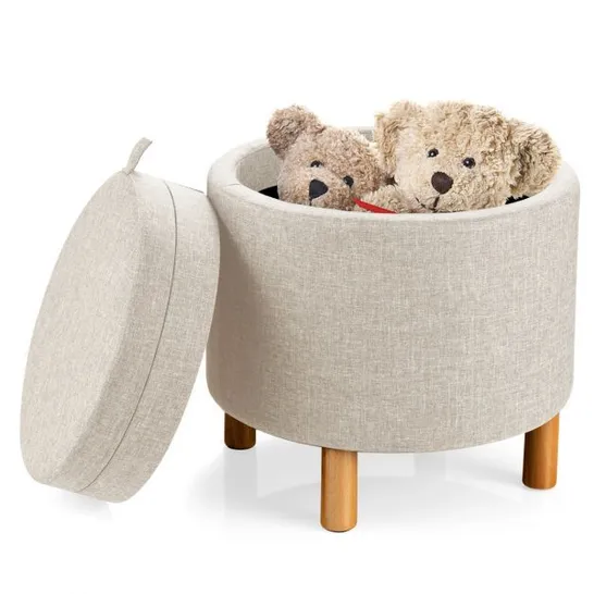 BOXED COSTWAY ROUND STORAGE OTTOMAN W/ TRAY ACCENT FABRIC STORING FOOTREST W/ NON-SLIP PADS - BEIGE 