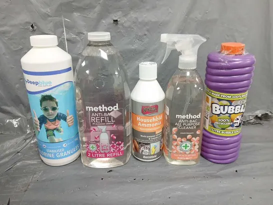 11 ASSORTED LIQUIDS TO INCLUDE BUBBLZ , METHOD ANTI-BAC REFILL LIQUID , DEEPBLUE CHLORINE GRANULES ETC  - COLLECTION ONLY