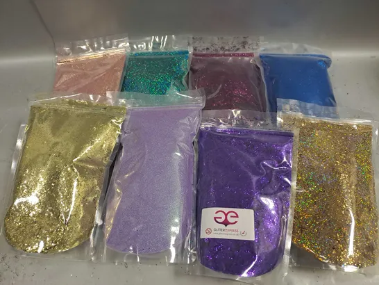 BOX OF APPROXIMATELY 20 SEALED ASSORTED GLITTER POUCHES TO INCLUDE - GOLD - PURPLE - PINK - ETC - COLLECTION ONLY