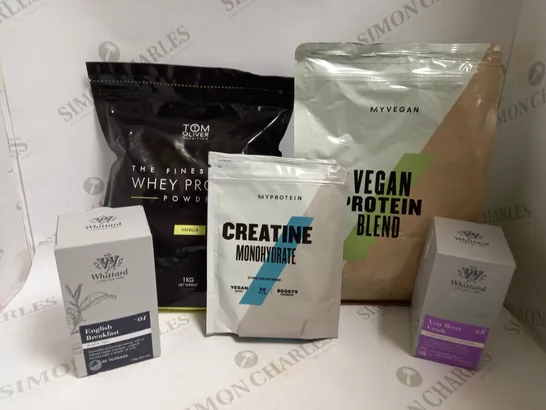 BOX OF APPROX 5 ITEMS TO INCLUDE VEGAN PROTEIN BLEND, CREATINE MONOHYDRATE AND WHITTARD ENGLISH BREAKFAST TEA