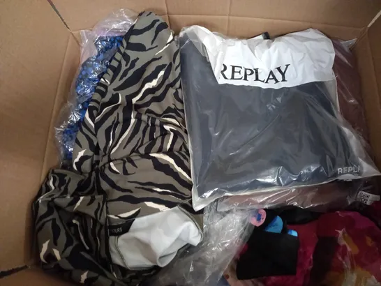 BOX OF ASSORTED CLOTHING ITEMS TOO INCLUDE JUMPERS, SHIRTS AND TROUSERS IN VARIOUS SIZES AND COLOURS   