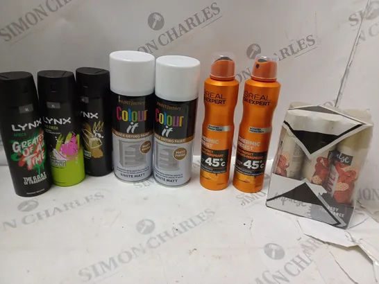 APPROXIMATELY 15 ASSORTED AEROSOLS TO INCLUDE LYNX SPRAYS, PAINTFACTORY QUICK DRYING PAINT, LOREAL EXPERT SPRAY, ETC - COLLECTION ONLY 