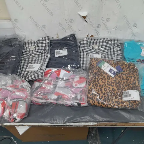 BOX OF APPROXIMATELY 10 ASSORTED BAGGED CLOTHING ITEMS IN VARIOUS STYLES AND SIZES 