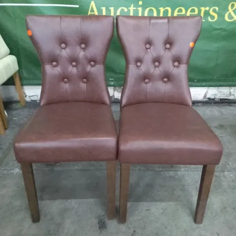 SET OF 2 NEW BEWLEY CLUB BROWN LEATHER BUTTON BACK DINING CHAIRS (DARK OAK LEG)