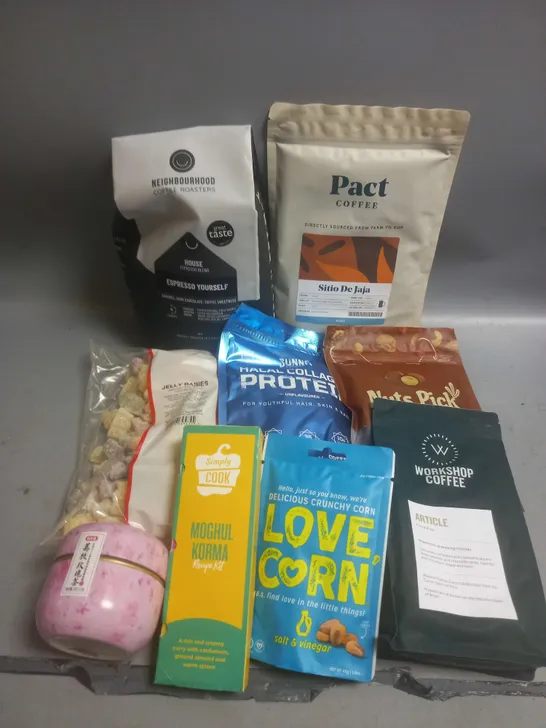 TOTE OF APPROX 10 ASSORTED FOOD ITEMS TO INCLUDE - NEIGHBOURHOOD COFFEE ROASTERS ESPRESSO BLEND - ROSE LYCHEE BLACK TEA - NUTS PICK BELGIAN CHOCOLATE RAISINS ETC