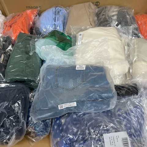 LARGE BOX OF ASSORTED BAGGED CLOTHING OF VARIOUS STYLES AND SIZES 