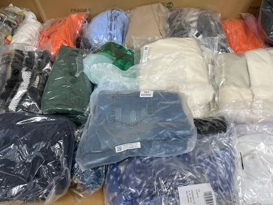 LARGE BOX OF ASSORTED BAGGED CLOTHING OF VARIOUS STYLES AND SIZES 