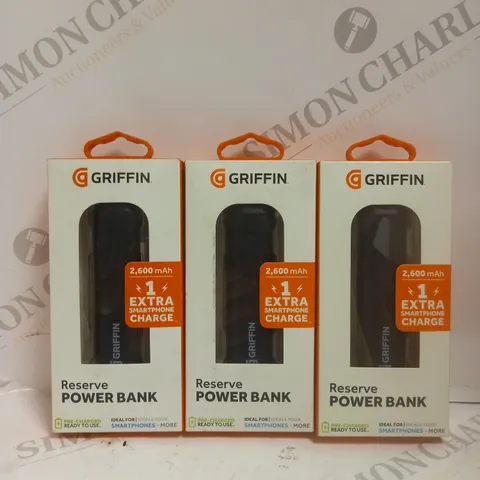 3 X BOXED GRIFFIN 2600MAH RESERVE POWER BANKS 