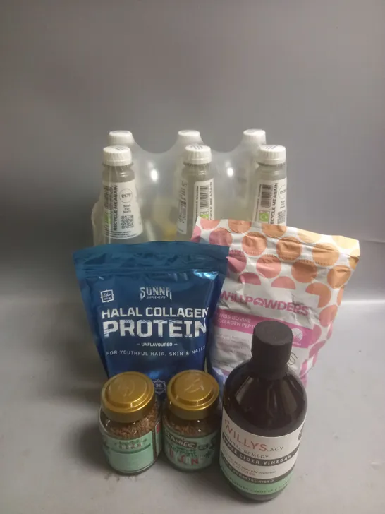 TOTE OF APPROX 8ASSORTED FOOD ITEMS TO INCLUDE - WILLPOWDERS COLLAGEN PEPTIDES - SCHWEPPS SLIMLINE TONIC WATER - WILLY'S APPLE CIDER VINEGAR ETC