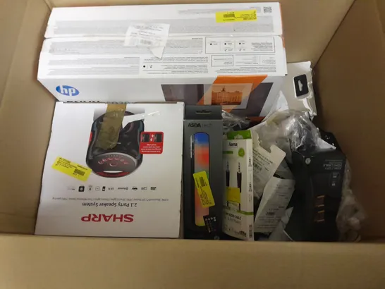 LOT OF APPROXIMATELY 40 ASSORTED TECH ITEMS TO INCLUDE SILENT KEYBOARD, SHARP SPEAKER SYSTEM AND TRUE WIRELESS EARBUDS