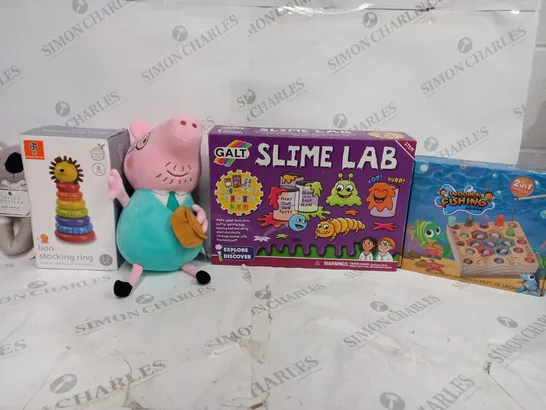 BOX OF APPROX 25 ASSORTED TOYS TO INCLUDE - GALT SLIME LAB - WOODEN FISHING - LIVING TEXTILES BABY RATTLE ECT